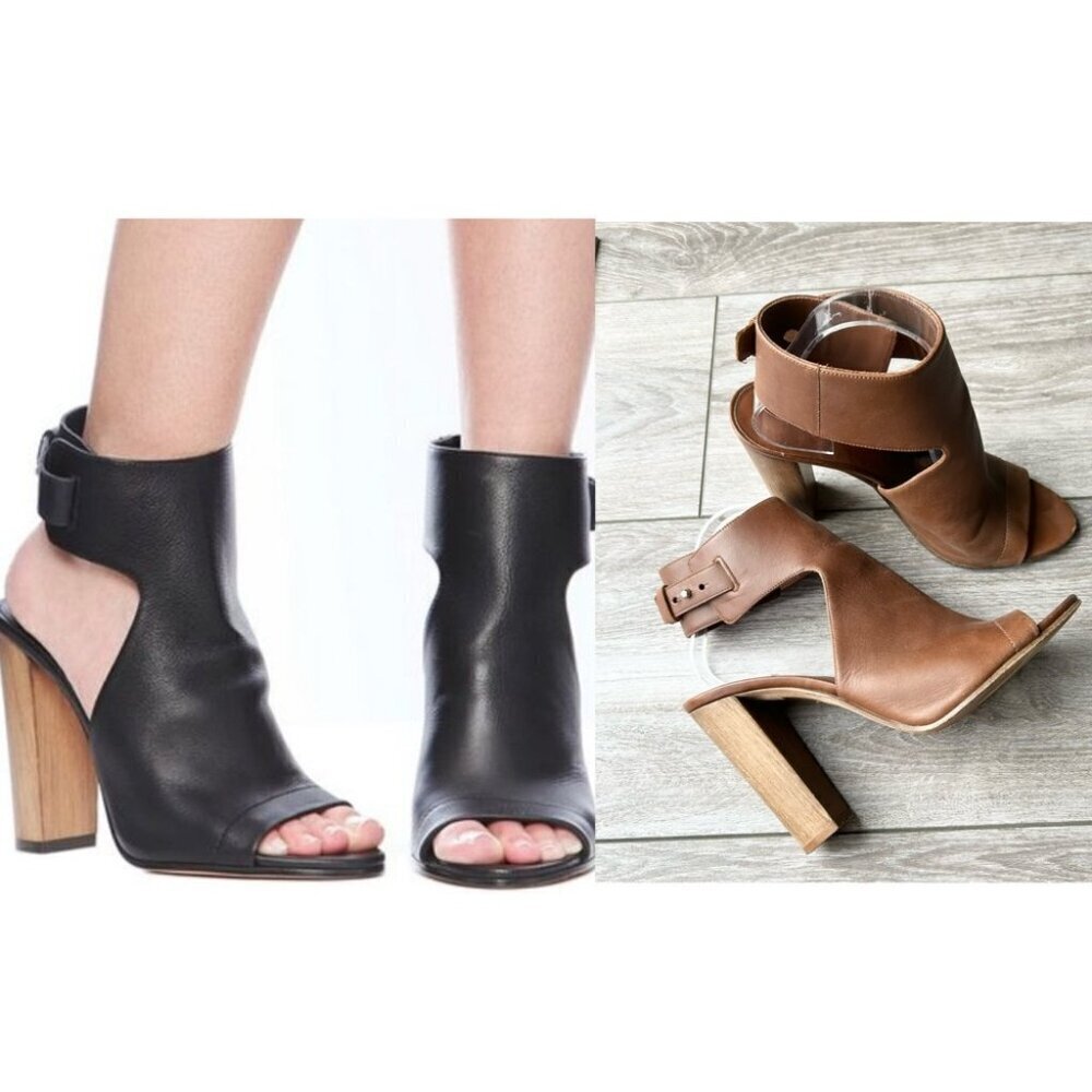 VINCE Addie Open Toe Buckle Back Strap Brown Leather Bootie Wooden block Heel
